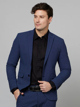 CELIO Self Design Seer Sucker Navy Blue Long Sleeves Blazer