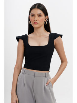 COLOR CAPITAL - Cap-Sleeve Black Fitted Crop Top