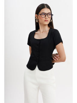 COLOR CAPITAL - Buttoned Black Square Neck Top
