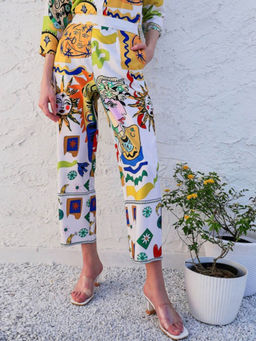 AAREIN - Women White Linen Abstract Straight Trouser