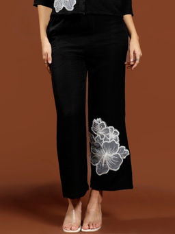 AAREIN - Women Black Linen Embroidered Straight Trouser