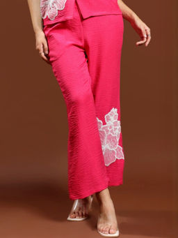 AAREIN - Women Pink Linen Embroidered Straight Trouser