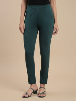 De Moza - Women Green Cotton Solid Slim Trouser