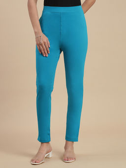 De Moza - Women Teal Cotton Solid Slim Trouser