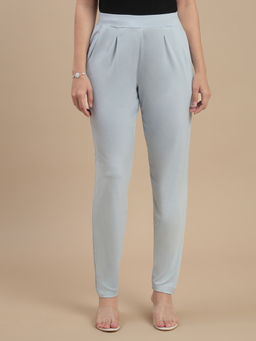De Moza - Women Blue Viscose Solid Straight Trouser
