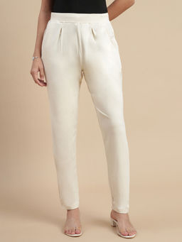 De Moza - Women Off White Viscose Solid Straight Trouser