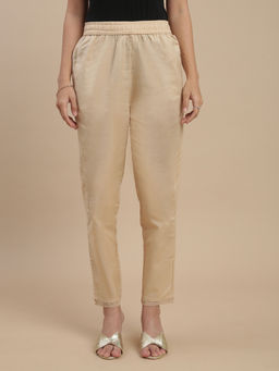 De Moza - Women Beige Cotton Flex Solid Straight Trouser