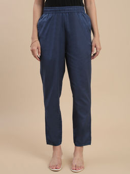 De Moza - Women Navy Blue Cotton Flex Solid Straight Trouser