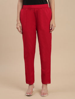 De Moza - Women Red Cotton Flex Solid Straight Trouser