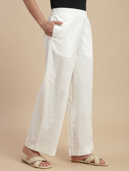 De Moza - Women Off White Cotton Solid Regular Trouser