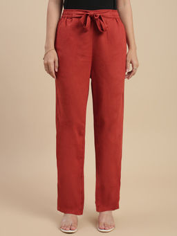 De Moza - Women Orange Rayon Solid Straight Trouser