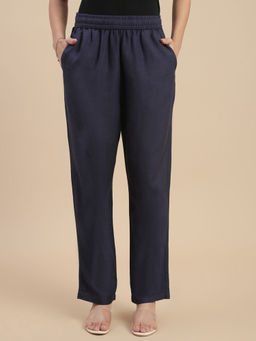 De Moza - Women Navy Blue Rayon Solid Straight Trouser