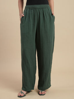 De Moza - Women Green Cotton Solid Straight Trouser