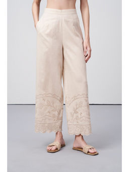 SAVA - Women Beige Cotton Embroidered Flared Trouser