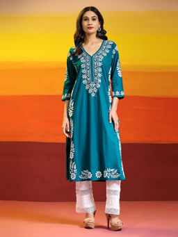 HOUSE OF KARI - Samma Chikankari Long Kurta In Cotton For Women Teal