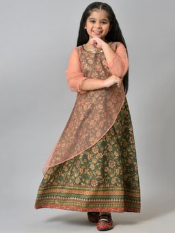 Aurelia - Girls Dark Green Floral Printed Layered Dress