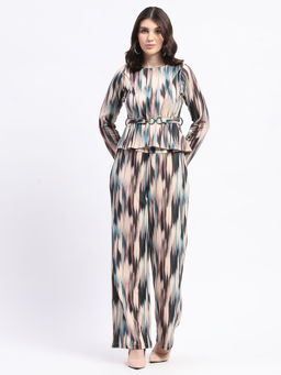 Madame - Knit Moss Multicolor Ensemble Printed Belted Top and Pant (Set of 3)