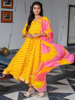 Jaipur Kurti - Women Yellow A-line Angrakha Cotton Leheriya Kurta With Pants & Dupatta