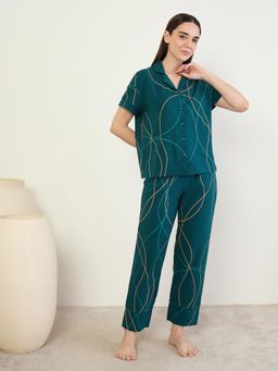 Sweet Dreams - Womens Abstract Printed Front Open Nightsuit Green