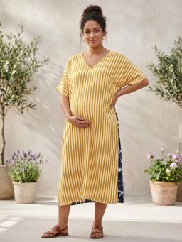 Qurvii - Yellow Stripe Dress with Tie and Dye Print Back