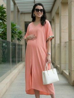 Qurvii - Peach Loose Fit Dress with Front Slit