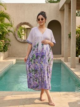 Qurvii - Floral Print Loose Fit Dress with Front Slit