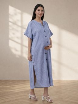 Qurvii - Blue Linen Relax Fit Shirt Dress