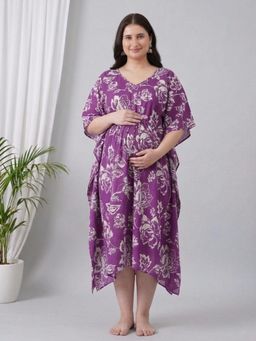 Qurvii - Purple Cotton Floral Printed Long Kaftan
