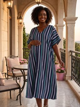 Qurvii - Navy Stripe Loose Fit Dress with Front Slit