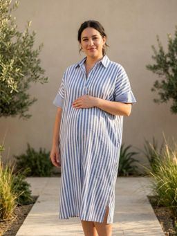 Qurvii - Blue Stripe Linen Oversize Dress