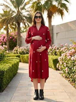 Qurvii - Maroon Printed Shirt Dress