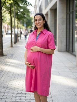 Qurvii - Pink Poplin Dress with Contrast Placket