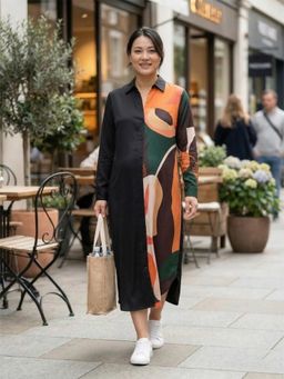 Qurvii - Abstract Print Color Block Shirt Dress