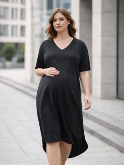 Qurvii - Solid V-Neck Loose Fit Dress
