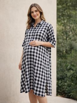 Qurvii - Black and White Check Shirt Dress