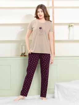 Quira - Womens Printed Regular Fit T-Shirt and Pyjama Brown