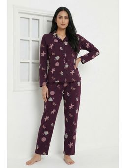 Zivame - Farm Lore Knit Cotton Nightsuit- Plum Purple