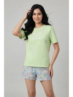 Zivame - Abstract Print Cotton Loungewear Shorts With T-Shirt - Ice Water