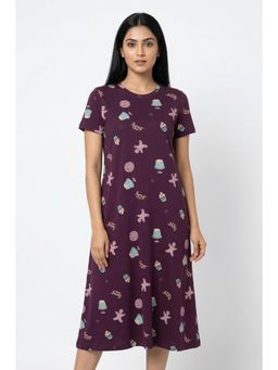 Zivame - Farm Lore Knit Cotton Mid Length Nightdress - Plum Purple