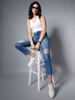 High Star - Women Blue High-Rise Slash Knee Light Fade Jeans