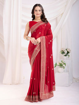 VAIRAGEE - Cedberry Red Chinnon Silk Embroidery Saree with Unstitched Blouse