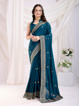 VAIRAGEE - Cedberry Teal Chinnon Silk Embroidery Saree with Unstitched Blouse