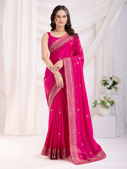 VAIRAGEE - Cedberry Magenta Chinnon Silk Embroidery Saree with Unstitched Blouse