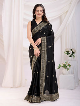 VAIRAGEE - Cedberry Black Chinnon Silk Embroidery Saree with Unstitched Blouse