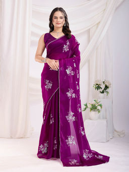 VAIRAGEE - Cenberry-10 Purple Jimmy Choo Embellished Saree with Unstitched Blouse