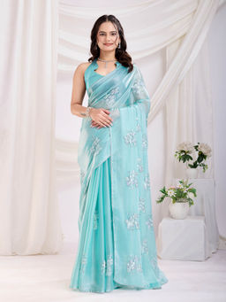 VAIRAGEE - Cenberry-10 Sky Blue Jimmy Choo Embellished Saree with Unstitched Blouse