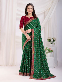 VAIRAGEE - Badshah Green Vichitra Silk Print Embroidery Saree with Unstitched Blouse