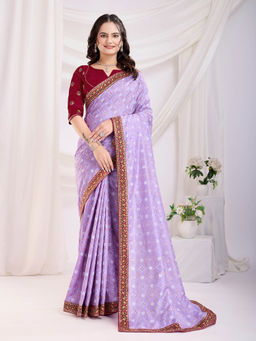 VAIRAGEE - Badshah Lavender Vichitra Silk Print Embroidery Saree with Unstitched Blouse