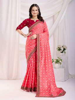 VAIRAGEE - Badshah Coral Red Vichitra Silk Print Embroidery Saree with Unstitched Blouse