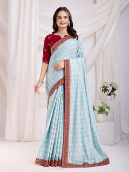 VAIRAGEE - Badshah Sky Blue Vichitra Silk Print Embroidery Saree with Unstitched Blouse